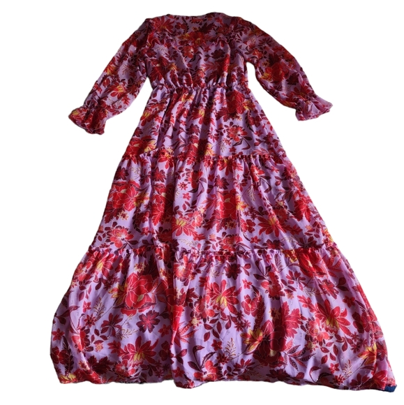 Skies Are Blue XS Semi Sheer Floral Metallic Tiered V-Neck Maxi Dress - Picture 2 of 16